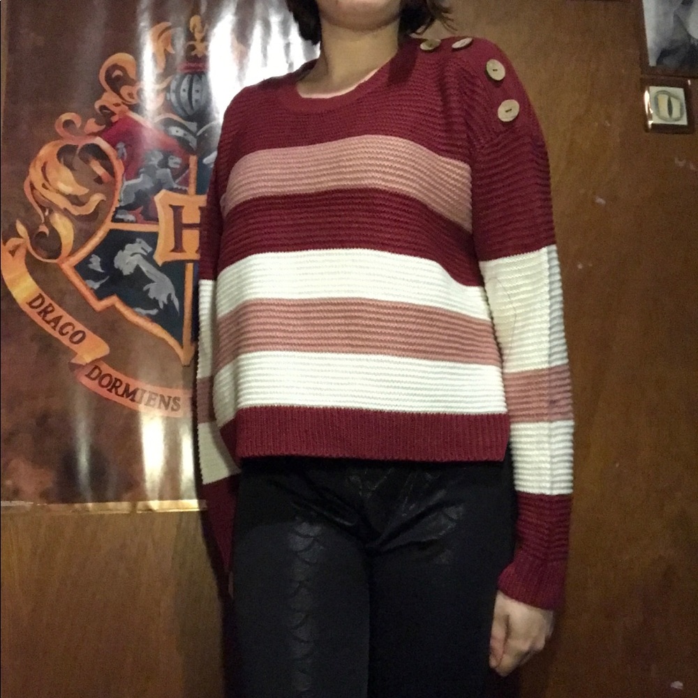 Planet Gold Large Pink & White Knit Sweater w/Brown Buttons